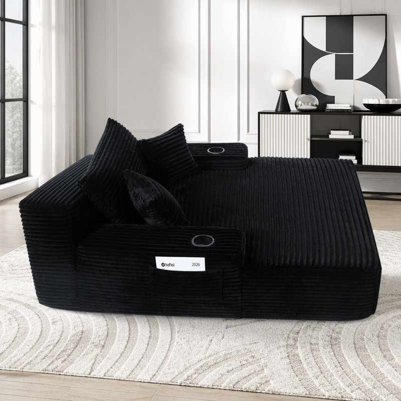 Méridienne convertible avec porte-gobelet, rembourrage à ressort et velours côtelé, sans assemblage, noir, 70 lbs