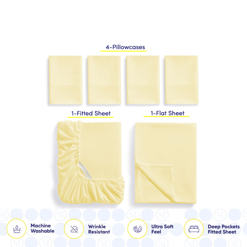 Luxurious Soft Microfiber Sheet Set with Bonus Pillowcases, Cal. King Sheet Set with 4 Pillowcases, Pale Yellow