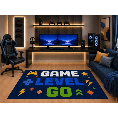 "Ultra Light Weight" 5' x 7' Gamer Area Rug Game Level Go Typography Pixel Controller Art for Kids Bedroom Gaming Room Non-Slip Silicone Backing Low Pile