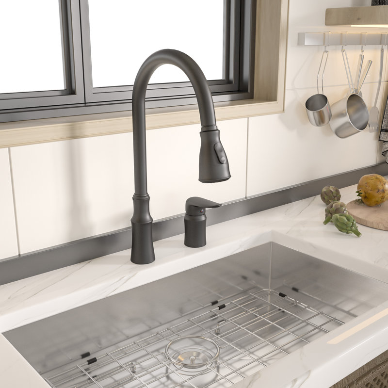 Robinet de cuisine rétractable à poignée simple avec accessoires, Noir mat