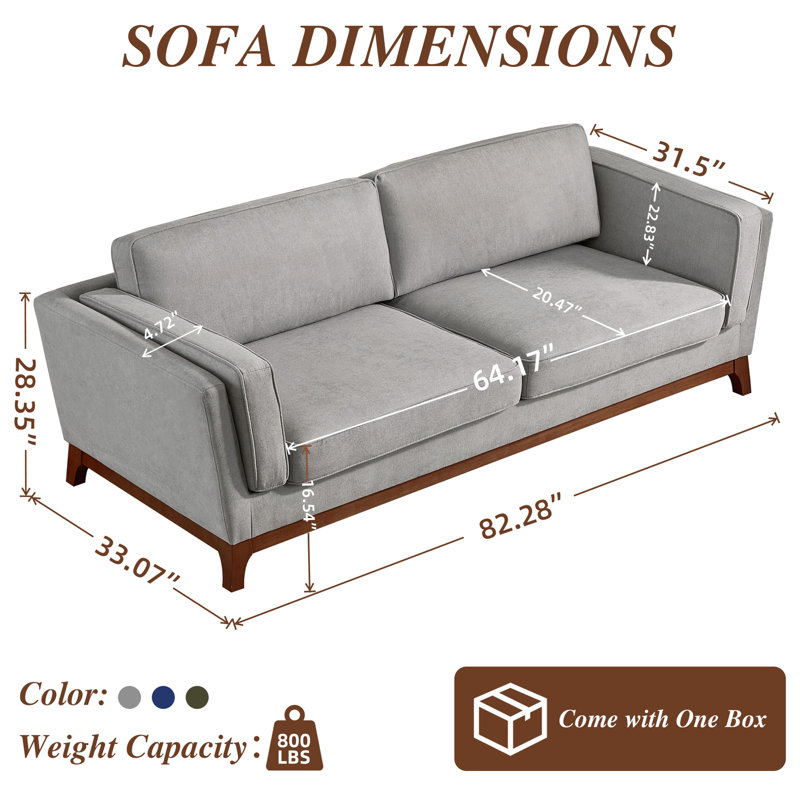 82" Upholstered Modern Square Arm Sofa, Gray
