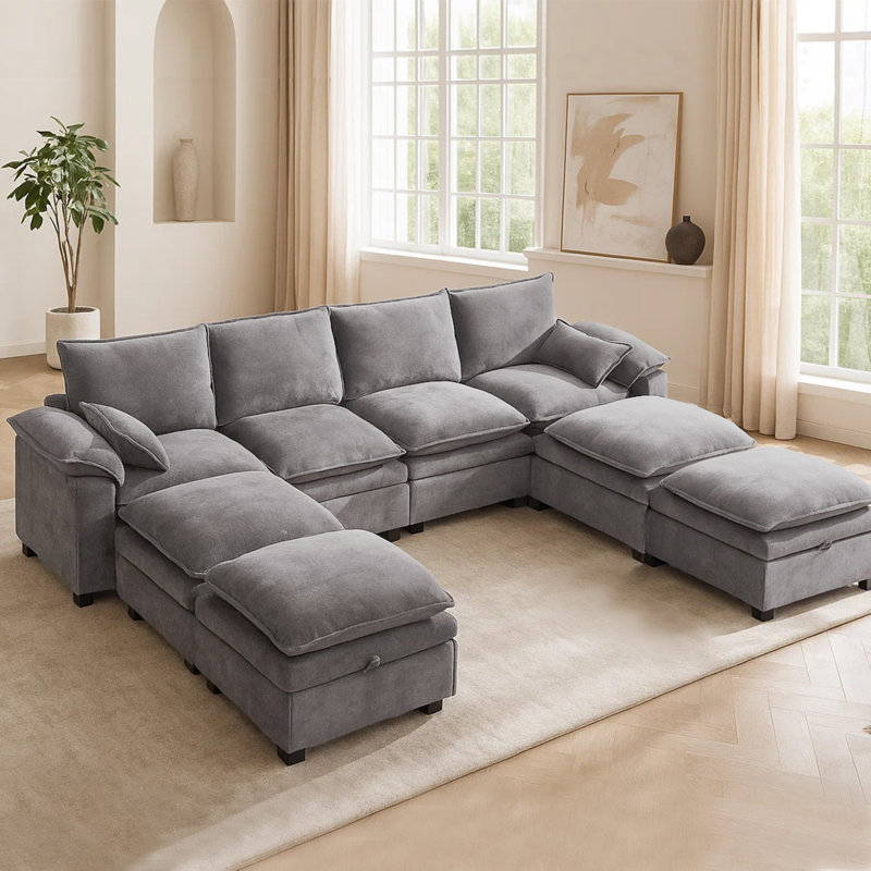 130'' 4-Seat Chenille Sectional With Four Ottomans, Light Gray Chenille