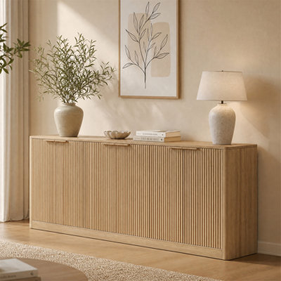 66.9" Natural Wood Fluted Sideboard Buffet Cabinet with Adjustable Shelves