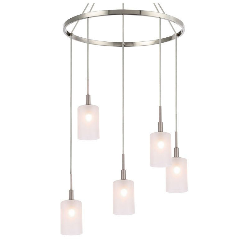 Luminaire suspendu cylindre grappe 5 lumières Herr, Nickel inoxydable