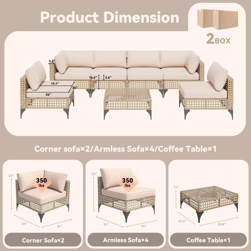 7-Piece Patio Outdoor Furniture Set With Table, Light Brown/Beige