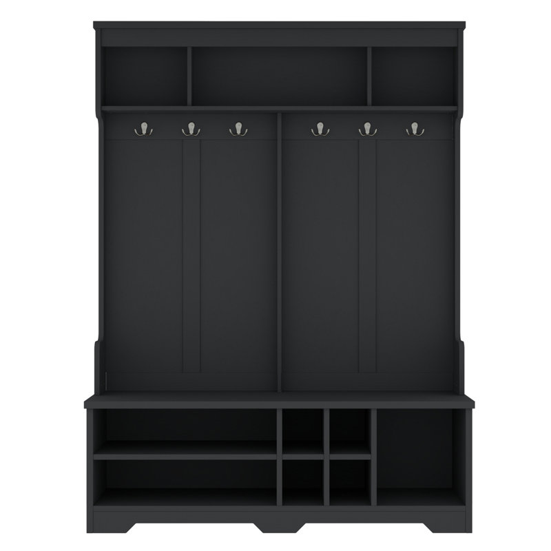 Modern Hallway Hall Tree With Metal Hooks And Storage Space, Multi-Functional Entryway Coat Rack With Shoe Cubbies, Black