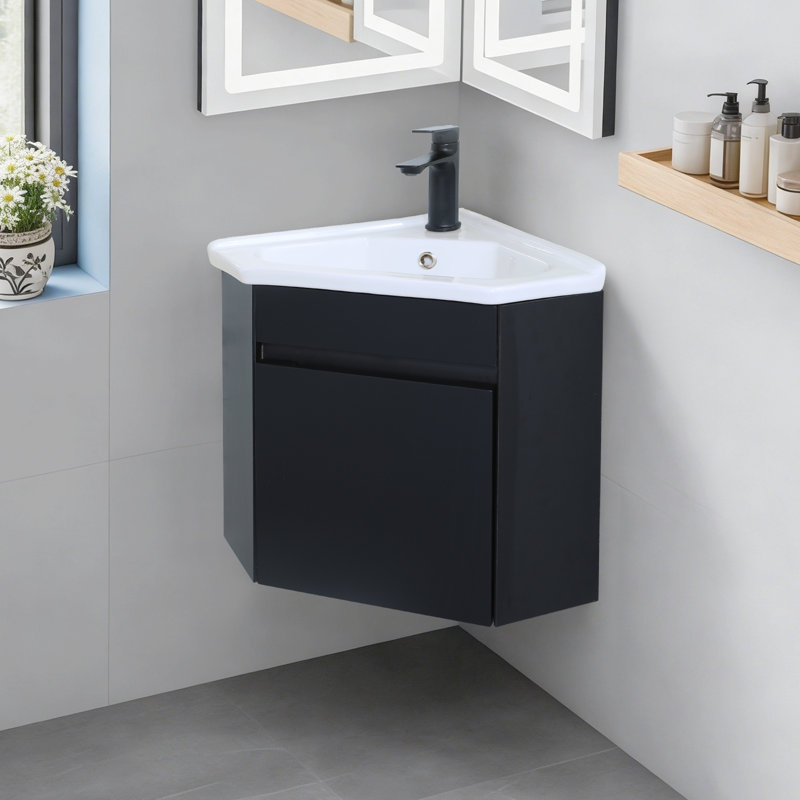 Ensemble de meuble-lavabo simple moderne autoportant 30 po avec plateau et tablettes en céramique Isyss, Noir