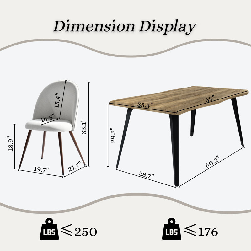 Shivani 5-Piece Dining Set - 63” Wood Table with Modern Wavy-Edge Design for Kitchen Dining Room, Tan, Ivory/Brown