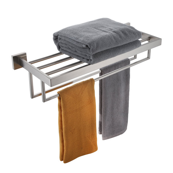 MyGift Wall Mounted Black Metal Bathroom Organizer Display Shelf with 2 Tier Hand Towel Bar Drying Rack, Sliding Hanger Hooks and Solid Burnt Wood