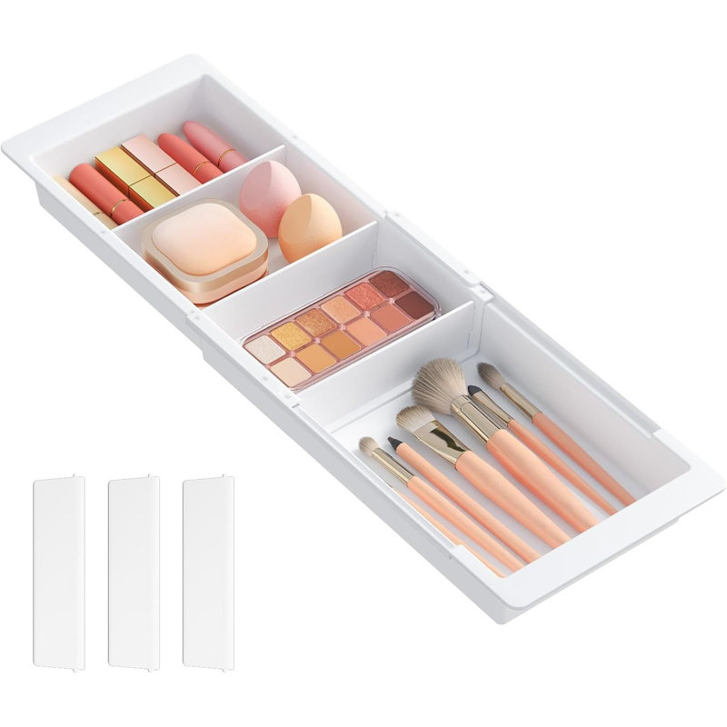Sliding Kitchen Drawer Organizer Tray With Inserts, Extendable Hanging Desk Drawer Divider, 14-23" Long/1.8" High Plastic Organizer Box In Vanity/bathroom/office/kitchen, White
