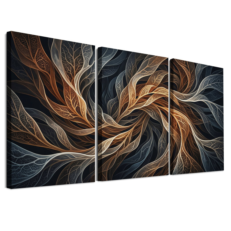 Ensemble de 3 toiles murales à motif de nervures de feuilles tourbillonnantes bronze et bleues, H 24 po x l 16 po x 3 pièces