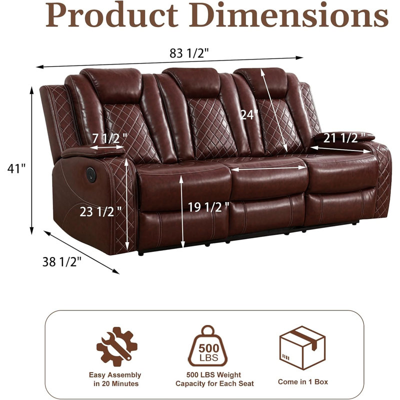 Canapé inclinable électrique Dillard 83,5 po avec table rabattable, deux chargeurs sans fil, rangement dissimulé dans l'accoudoir, éclairage DEL bleu, port USB