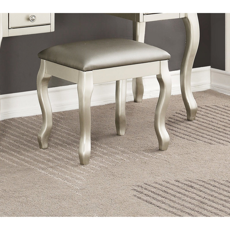 Meuble-lavabo contemporain en argent avec tabouret de siège à coussin, placage de peuplier, largeur de 18 po et miroir moderne en bois d'hévéa ouvert d'une hauteur de 39 po pour projet de transformation