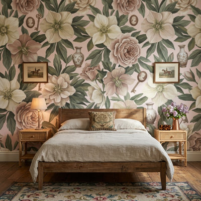 Papier peint floral, feuilles botaniques, clés rétro