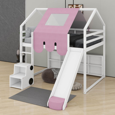 Full Wooden Loft Bed House-Shaped With Tent
