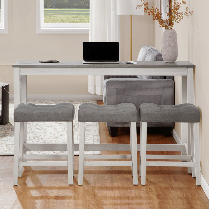 4 Piece Bar Table Set With Power Outlet,Bar Table Set With Chairs,Sofa Bar Table With Stools,Behind Couch Table With 3 Padded Stools