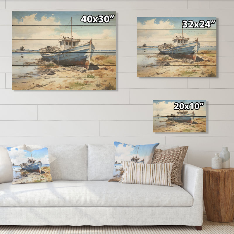 Fishing Boat Odyssey Shore - Hunting & Fishing Wood Wall Art On Natural Pine Wood, 24" H x 32" W