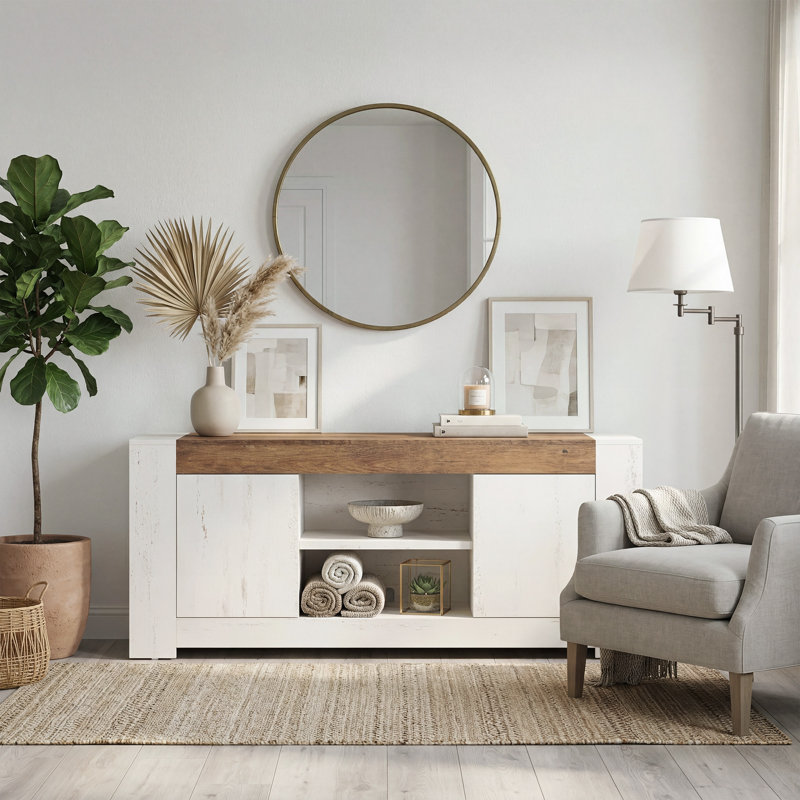 Tv Stand For Tvs Up To 65" With Storage Cabinets, Farmhouse Entertainment Center, White/Brown, 24"H x 58"L x 16"W