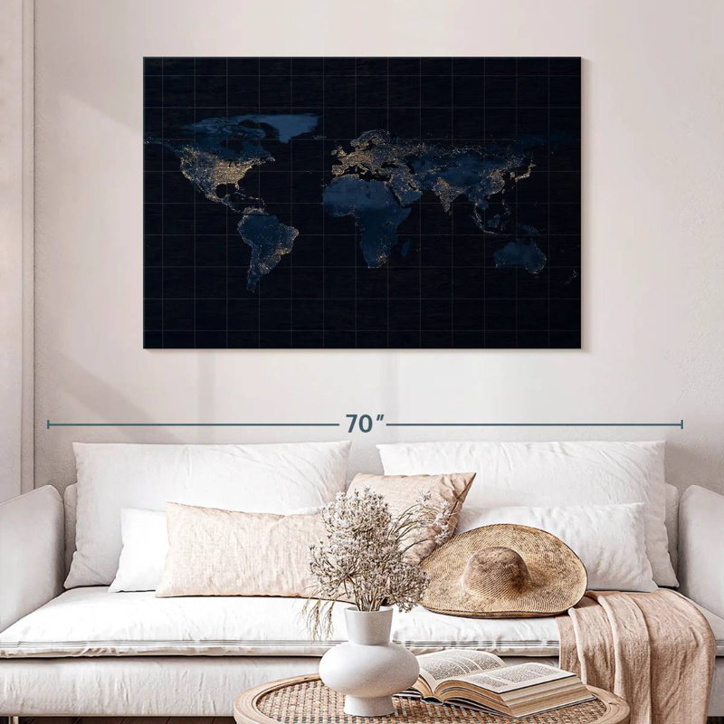 Aliaz Dark Blue Grid World Map, 32" H x 48" W