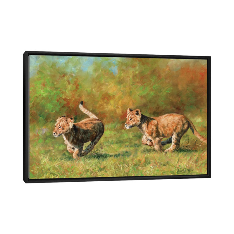 « lion oursons running », impression sur toile, H 18 po x l 26 po x P 1,5 po, Toile avec cadre noir, Pas de tapis