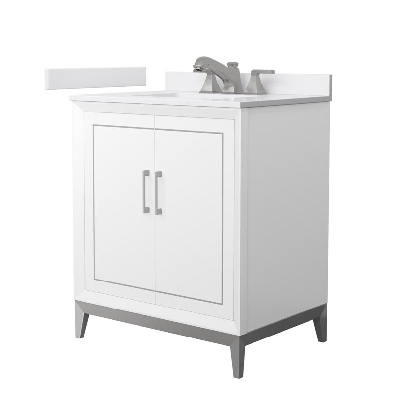 Meuble-lavabo simple autoportant 30 po avec plateau en marbre Marlena, Blanc, Nickel brossé