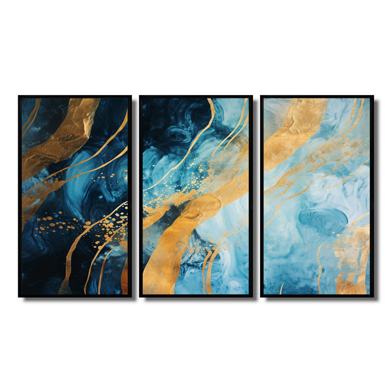 «Blue Sparkling Glam Gold Streams - Abstract Modern Waves», ensemble de reproduction d'art mural, Cadre flottant noir