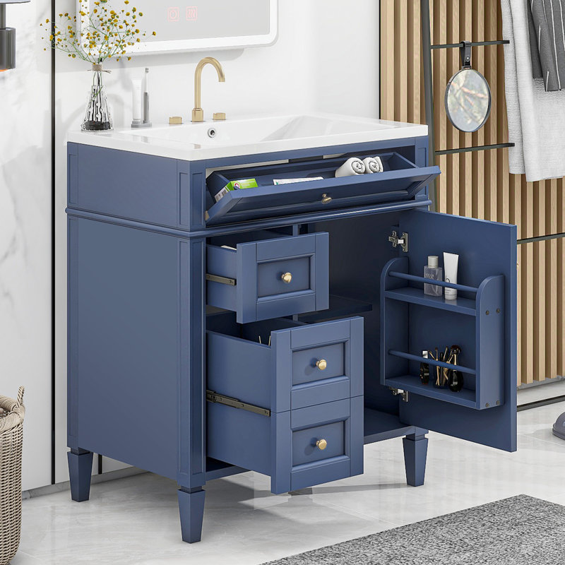Armoire de rangement moderne avec 2 tiroirs, meuble-lavabo de salle de bain 30 po avec tiroir en résine Farmbry, Bleu