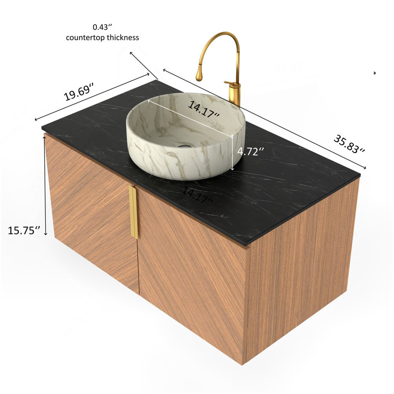 36" Bathroom Vanity&Sink, Floating Plywood Bathroom Storage Cabinet With 2 Doors, Black Sintered Stone Countertop&White Round Ceramic Basin With Stone Pattern, Brown Oak Woodgrain Color (New SKU)