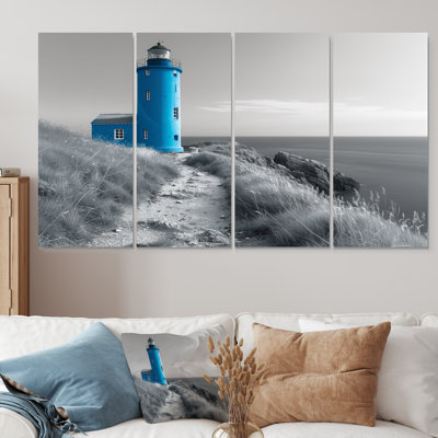 Blue Monochrome Lighthouse Photo In Winter IV - Lighthouses Wall Art Living Room Set