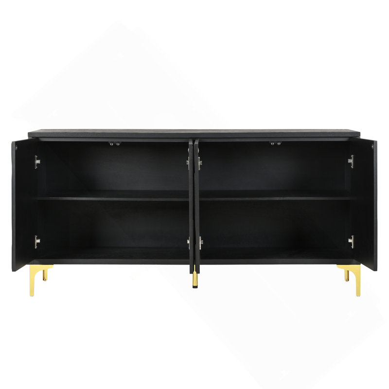 Buffet de 60 po avec poignées sans poignée, armoire de rangement sculptée avec 4 portes, buffet décoratif de salon noir moderne, panneau d'entrée en bois (noir)