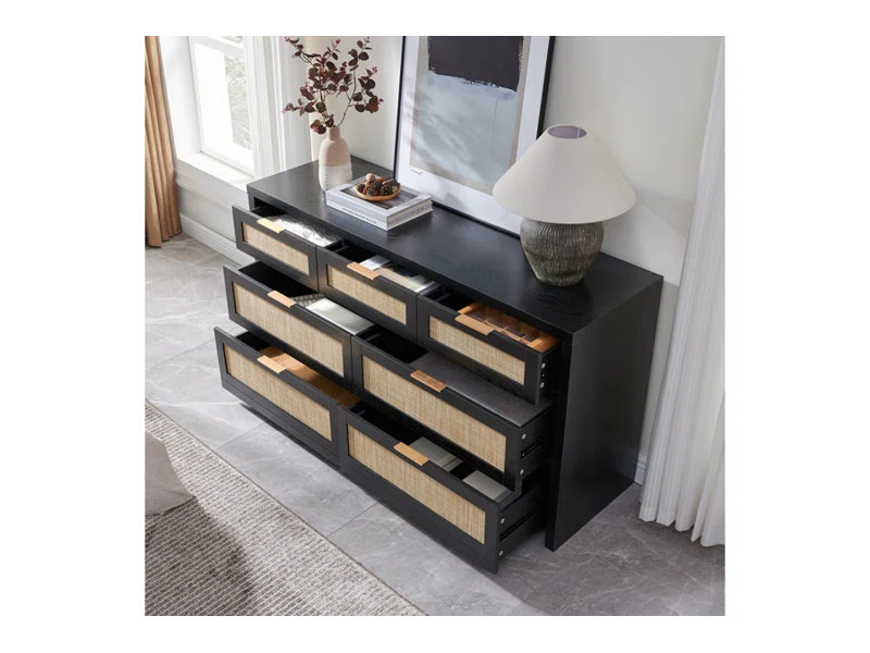 Ensemble de chambre à coucher 3 pièces avec rangement en rotin (commode 7 tiroirs + 2 tables de chevet)