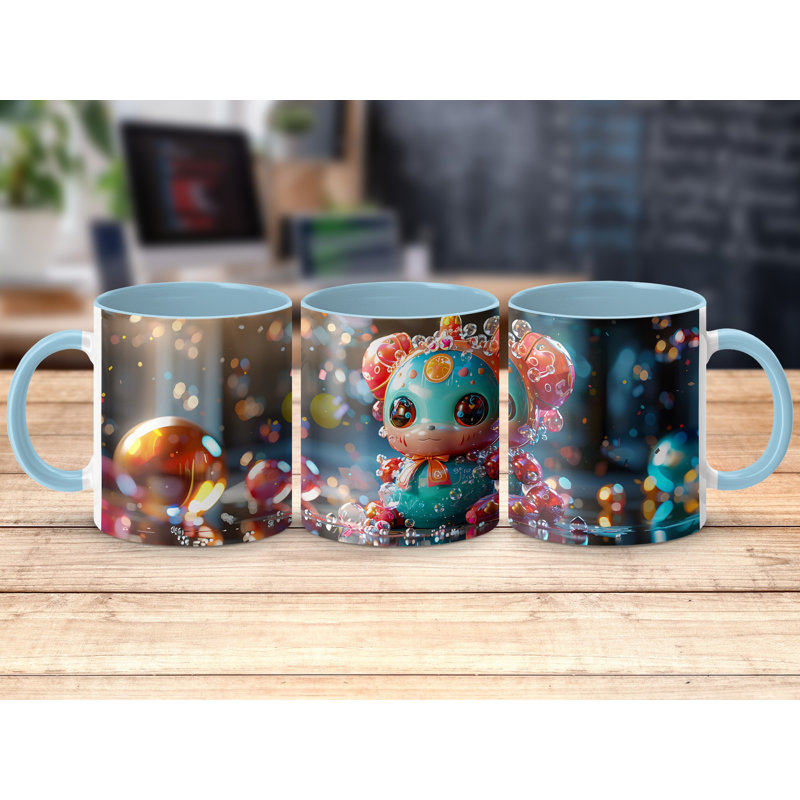 Set of 3 Colourful 3D Design 11oz Accent Mugs – White Ceramic Coffee Cups with a Light Blue Handle and Interior