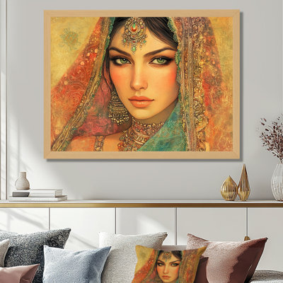 Femme du Rajasthan baignée de lumière - Tableau doré encadré de style moghol