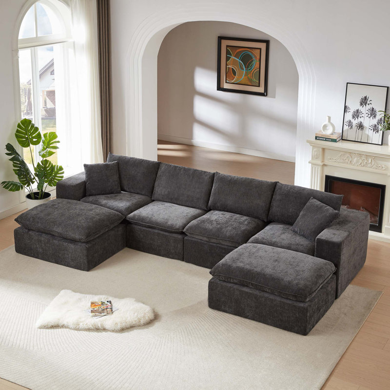Modern Chenille Cloud Sofa, Freely Combinable, 33.85" H x 137.79" W x 68.89" D, 4, Dark Gray