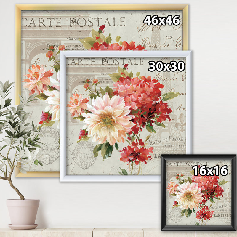 « red painted fleurs on rétro carte postale i », reproduction d’image sur toile, H 16 po x l 16 po x P 1 po, Cadre noir