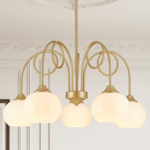Lustre globe moderne du milieu du siècle, 71 cm (28 po), 5 lumières en verre blanc laiteux