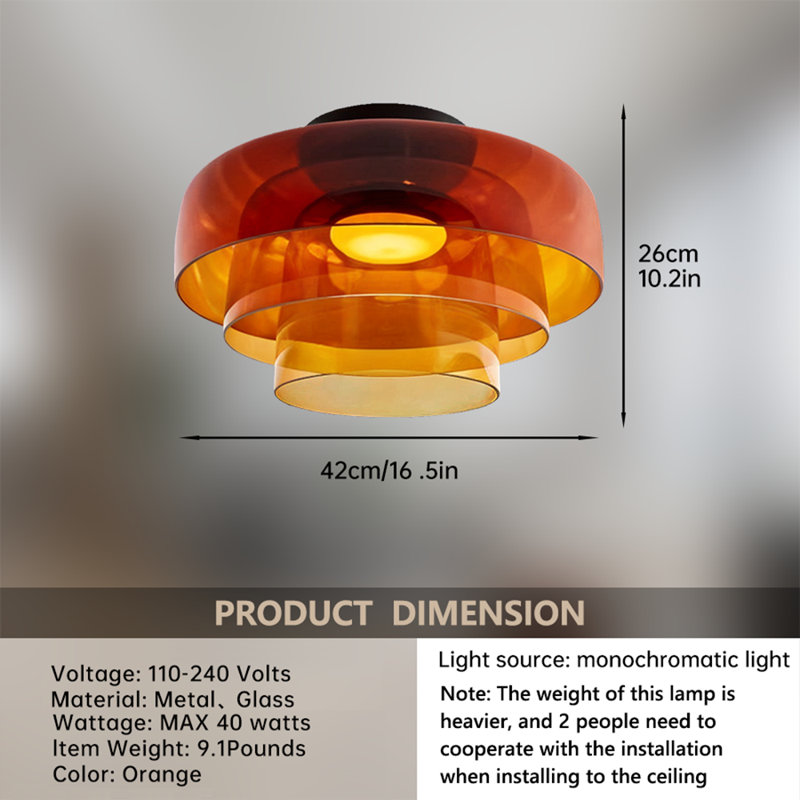 Mid Century Modern Ceiling Light Glass Shade, Orange, Triple Layer