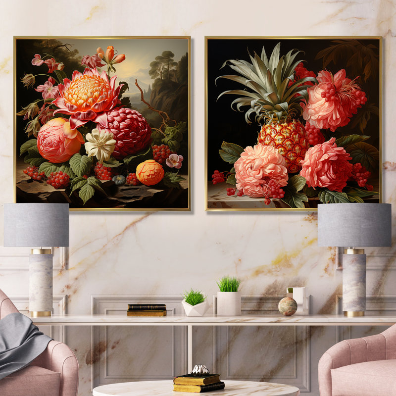 Ensemble de 2 décorations murales de la Renaissance avec fleurs et fruits I - fruits, Cadre flottant doré
