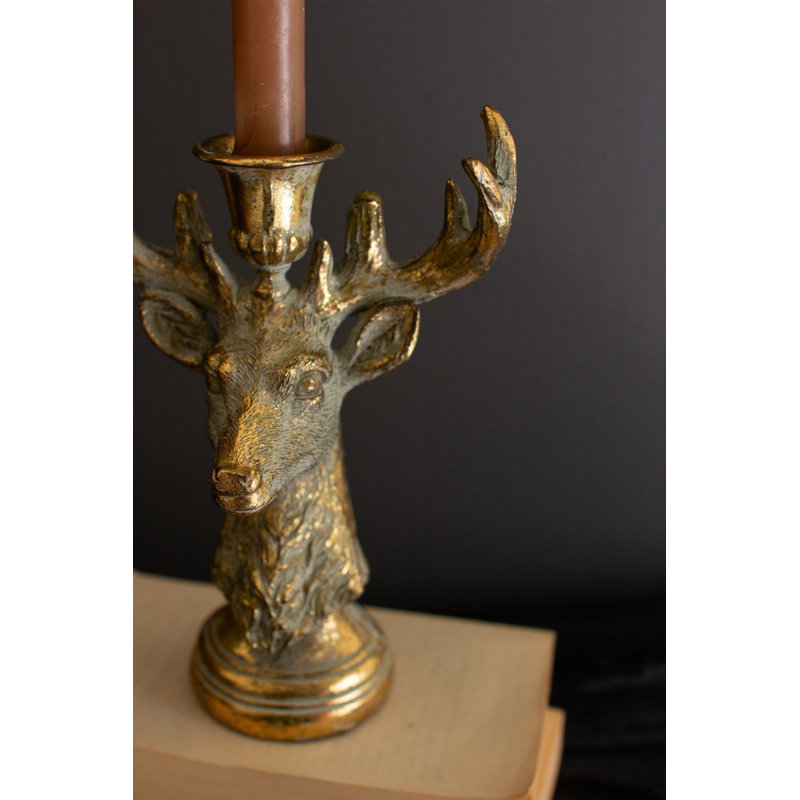  Set of Two Resin Taper Candle Holders Deer Design Decorative Tabletop Decor Accent Gold Distressed Finish
