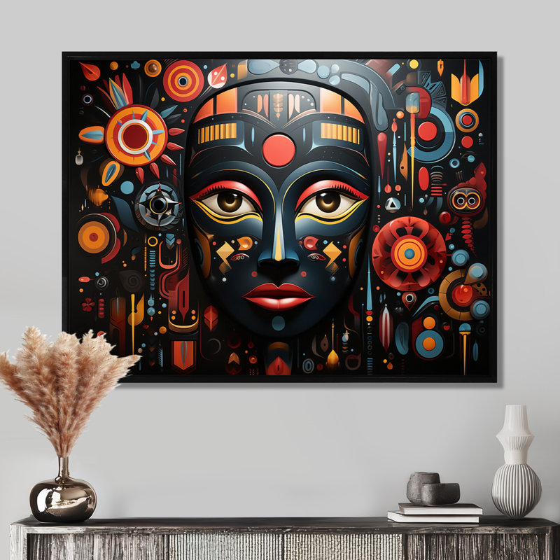Indigène coloré masque noir - impression d'art mural africain, Toile avec cadre flottant noir, H 34 po x l 44 po x P 1,5 po