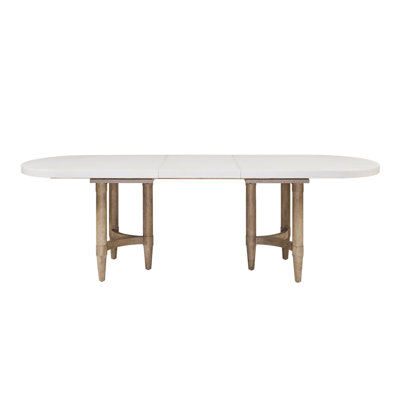 Table à double piédestal avec rallonge extensible de 20 po, largeur 98 po, finition sable, bois massif et style décontracté transitionnel coloré