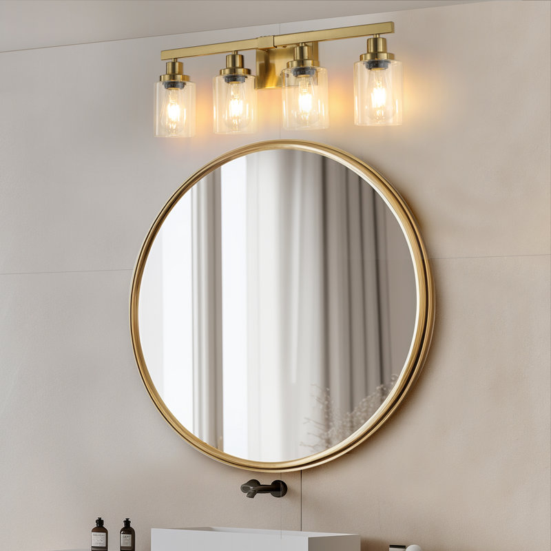 Éclairage pour salle de bain 24 lumières dorées à 4 lumières avec abat-jour en verre transparent, applique murale en fer moderne pour miroir, idéale pour la salle de bain et la coiffeuse (sans ampoules)