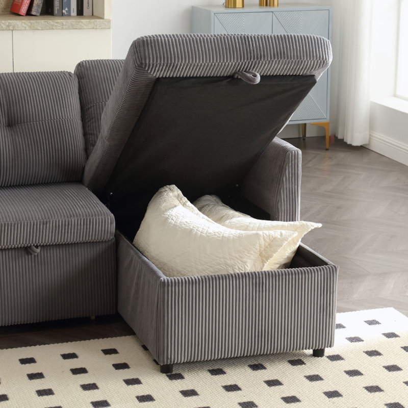 Vaya 2 - Piece Pull Out Sectional Sleeper Sofa With Storage Chaise, Grey Corduroy