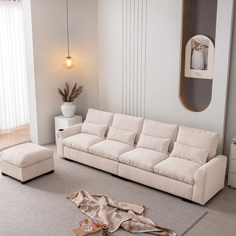 Chenille beige, L 114,5 po avec rangement réversible, ports et porte-gobelet, coussins lavables amovibles pour la maison
