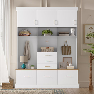 Arbre d'entrée 75 po avec banc et rangement, portemanteau moderne 5 en 1 avec portemanteau, 6 tiroirs, 3 armoires et 3 niveaux de rangement supérieur pour le couloir, l'entrée, le salon et le vestibule