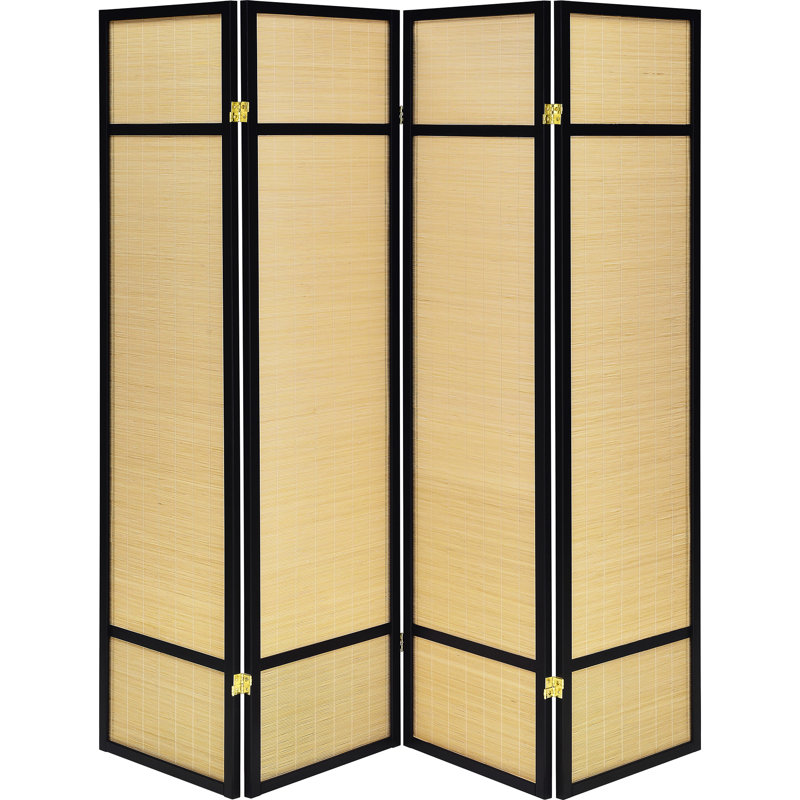 Paravent à quatre panneaux en bois de pin naturel, léger et facile à ranger, cadre noir, design et cadre s'harmonisant avec de nombreux styles.