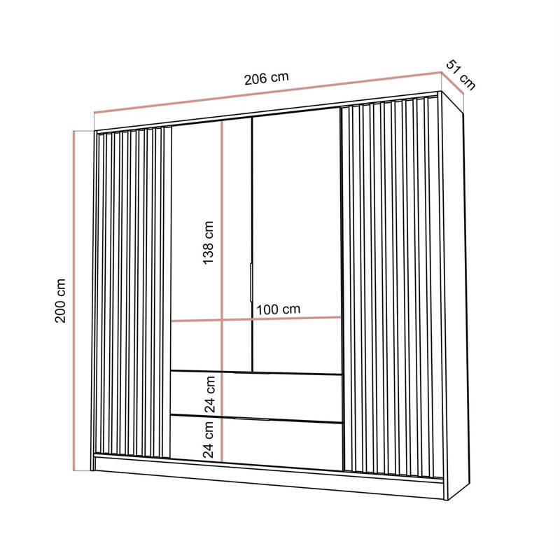 NELA Wardrobe with Slatted Fronts, 206 cm, without mirror