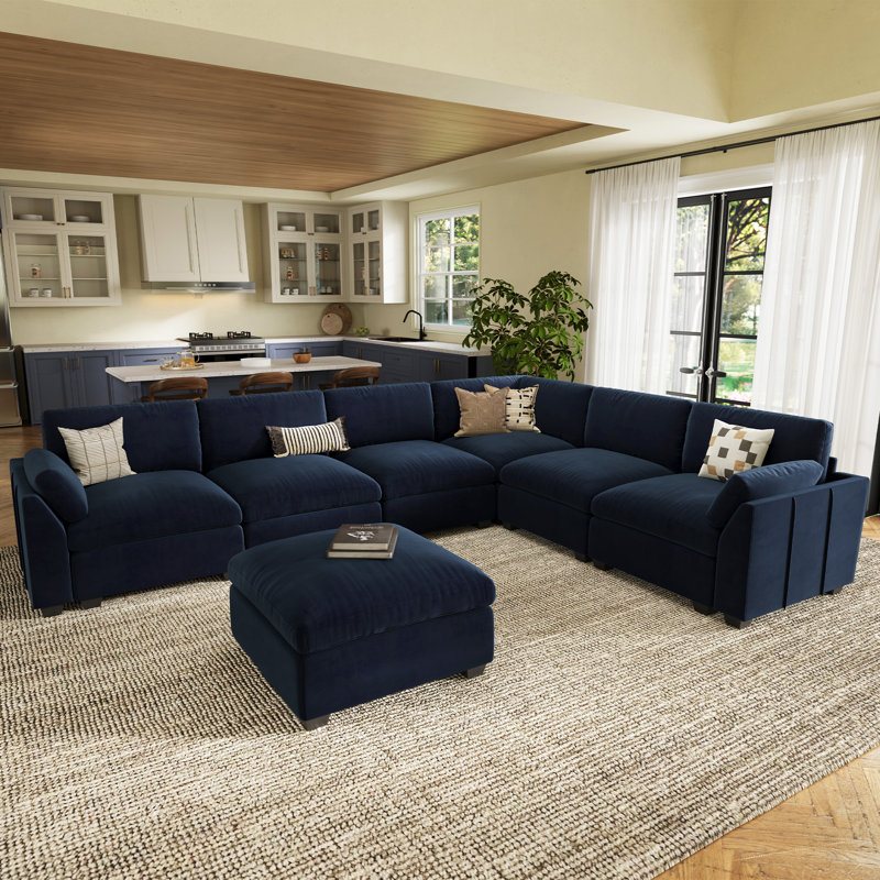 137.8" W U-Shaped Modular Sectional , Blue Velvet