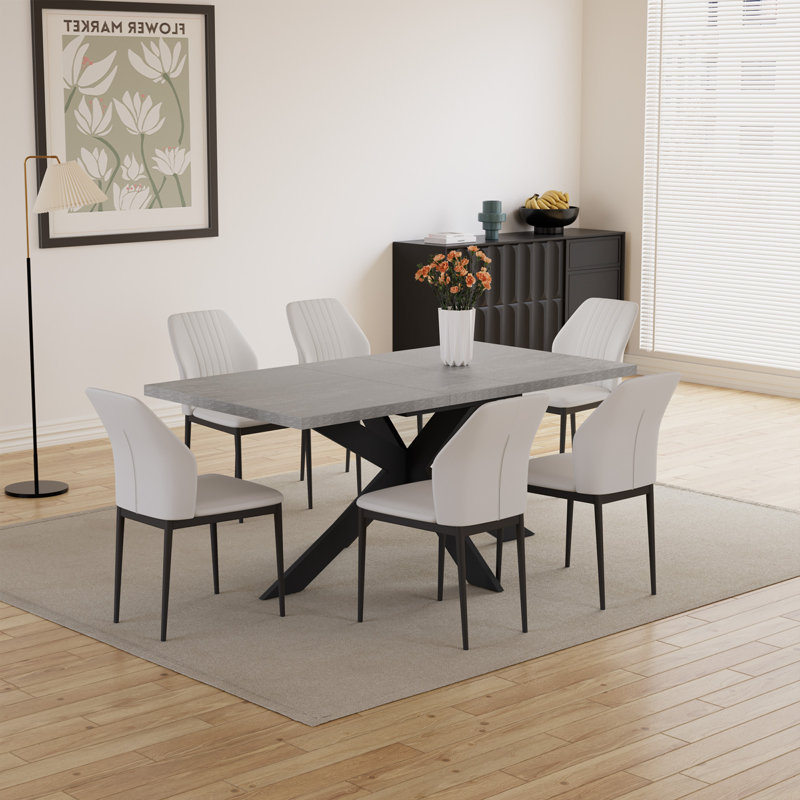 Mid-Century Extendable Kitchen Table for Dining Room with 6 Modern Chairs, Cream, Cream