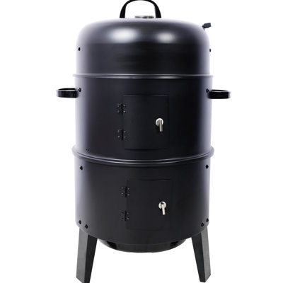 Fumoir extérieur au charbon 16 pouces - Barbecue vertical pour la cour. 31: Fumoir, barbecue, foyer. Surface de cuisson spacieuse avec thermomètre. Poignées. Patio en acier noir. 31 fonctions: foyer d'extérieur. Deux